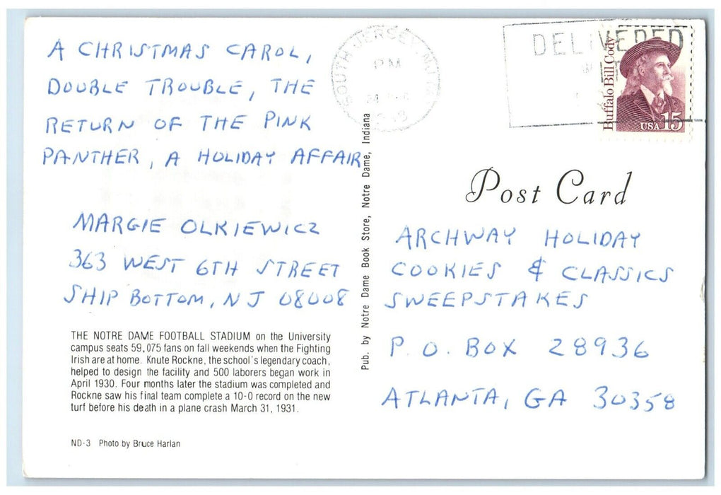 1993 Notre Dame Football Stadium University Campus Atlanta Georgia GA Postcard