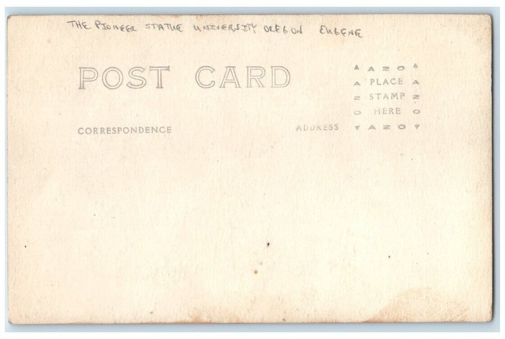 c1918 Pioneer Statue M. Schwarz University Of Oregon Eugene RPPC Photo Postcard