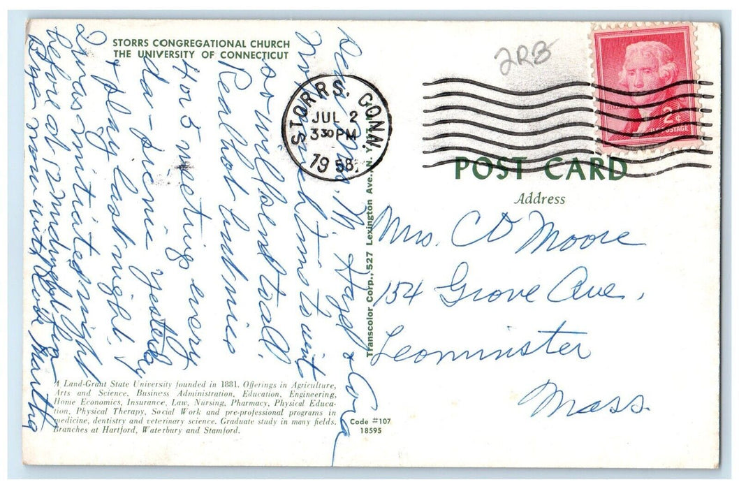 1958 Exterior View Storrs Congregational Church University Connecticut Postcard