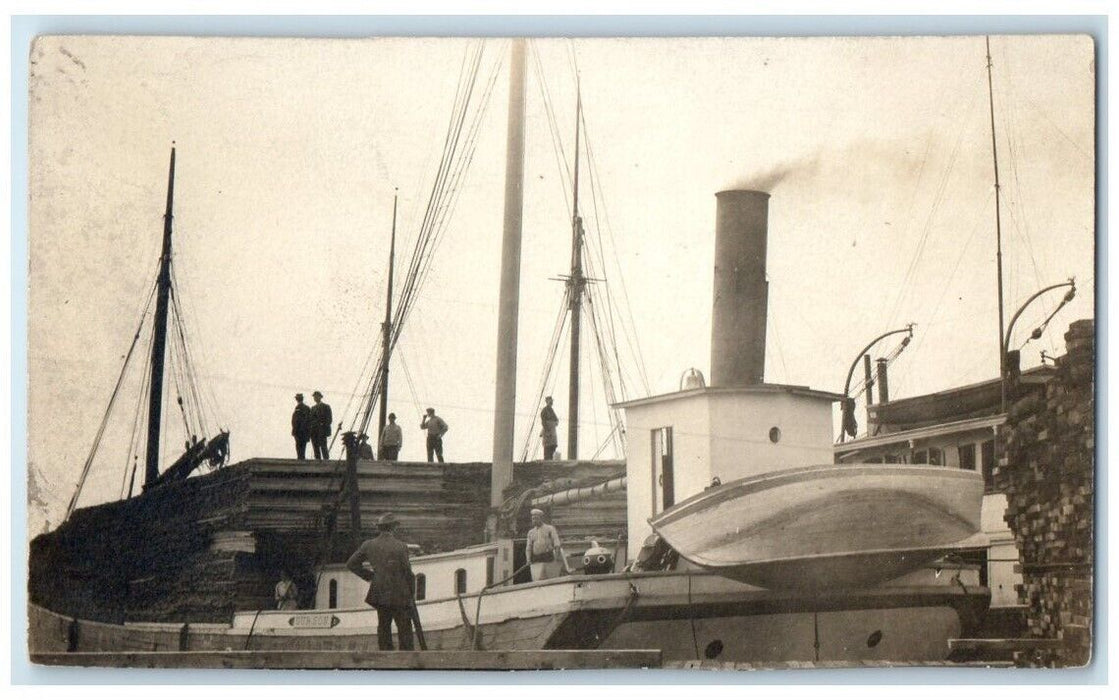 c1907 Steamer Ship Boat "Our Son" Dock Sailors View RPPC Photo Postcard