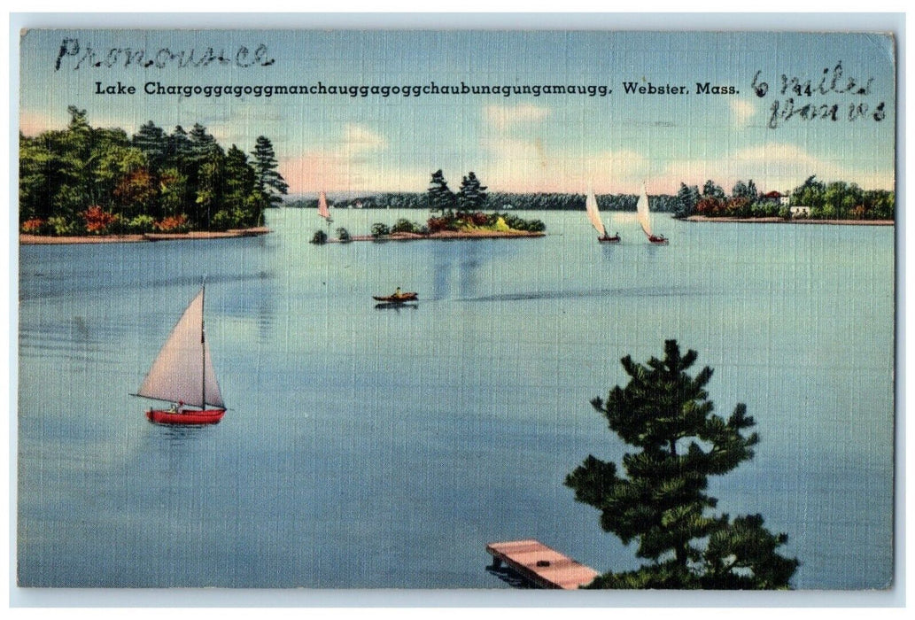 1940 Lake Chargoggagomanchauggagoggchaub Sailboat Webster Massachusetts Postcard