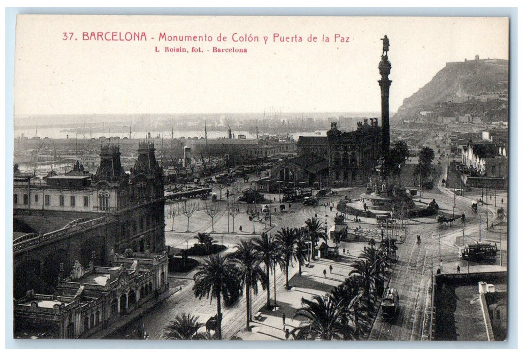 c1910 Colon Monument and La Paz Gate Barcelona Spain Antique Postcard
