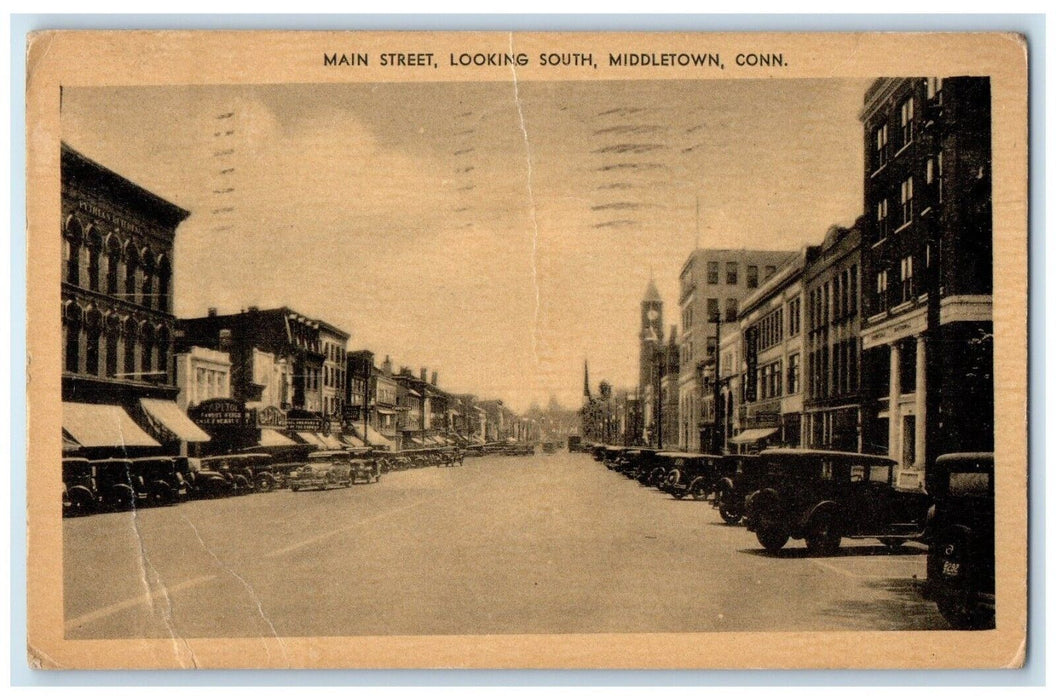 1937 Main Street Looking South Classic Cars Middletown Connecticut CT Postcard