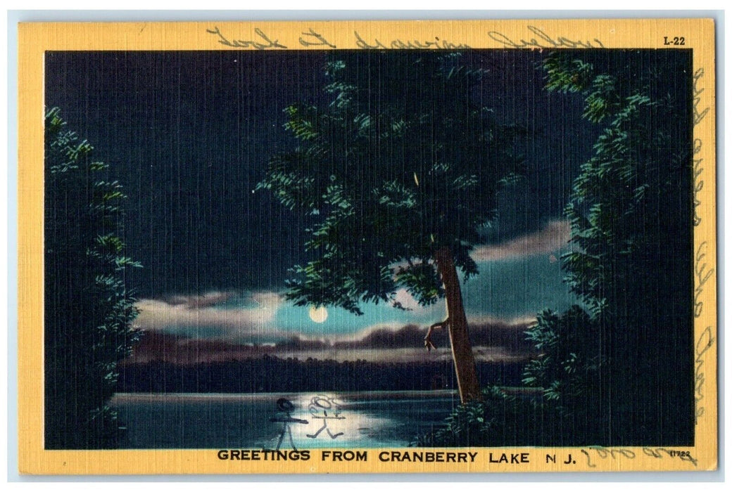 c1940 Greetings From Night Moonlight Moon Cranberry Lake New Jersey NJ Postcard