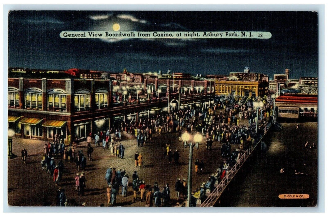 1940 General View Boardwalk Casino Night Asbury Park Vintage New Jersey Postcard