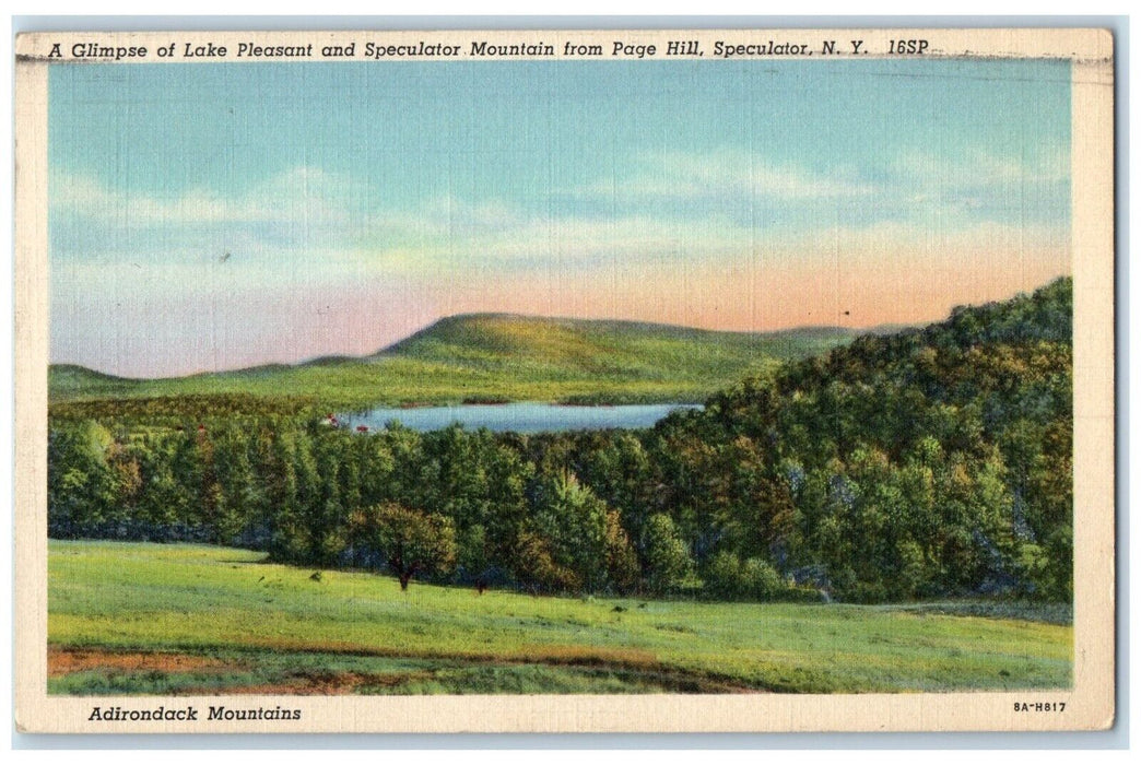 1938 Glimpse Lake Pleasant Speculator Mountain Field Page Hill New York Postcard