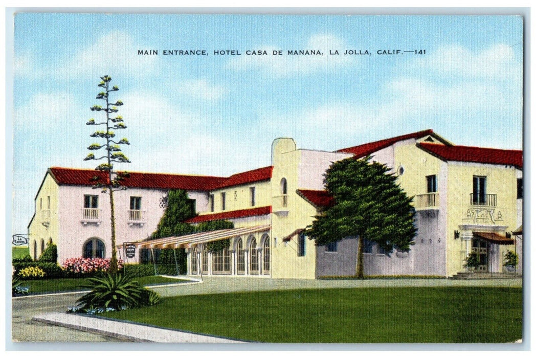1951 Main Entrance Hotel Casa De Manana La Jolla California CA Vintage Postcard