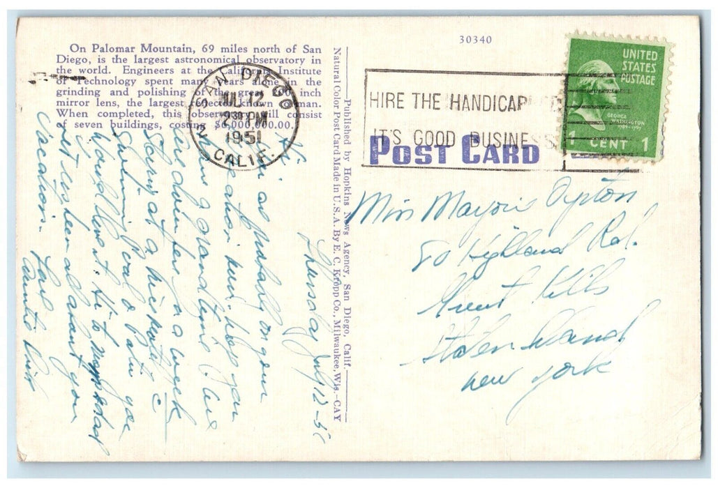 1951 Palomar Observatory San Diego County California CA Vintage Antique Postcard