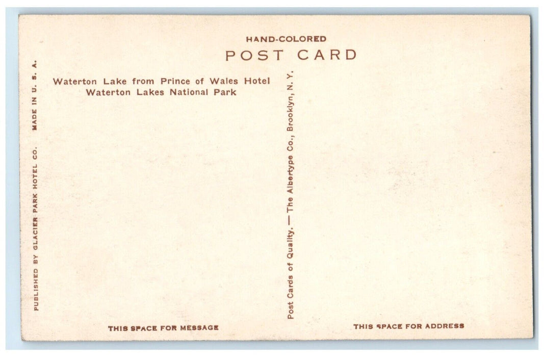 c1940 Waterton Lake Prince Wales Hotel Waterton Lakes National Park NY Postcard