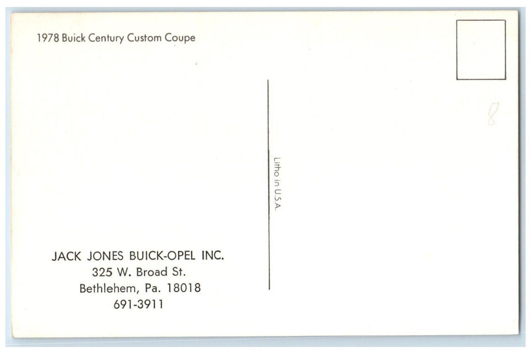 c1978 Buick Century Custom Coupe Jack Jones Buick-Opel Pennsylvania PA Postcard