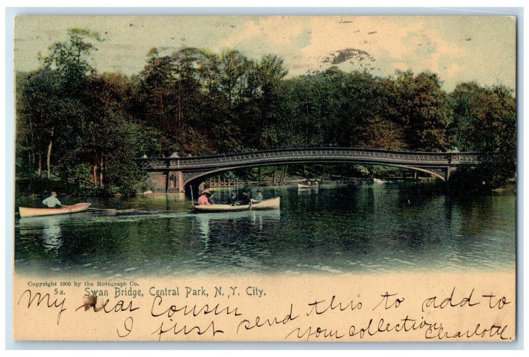 1905 Swan Bridge Central Park Canoe Boat New York City New York Vintage Postcard