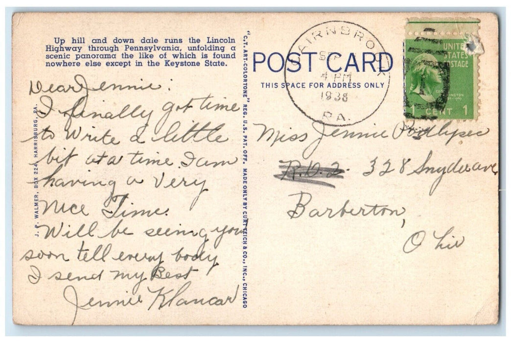 1938 Highest Point Lincoln Highway Keystone State Pennsylvania Vintage Postcard