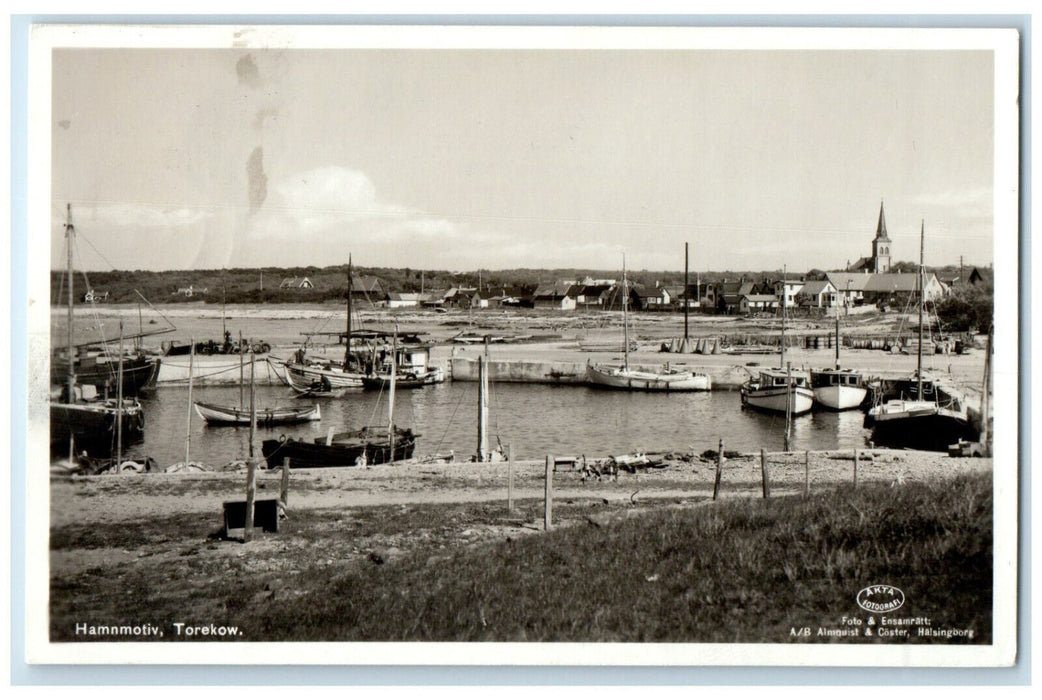 1948 Motorboat Hamnmotiv Torekow Akta Photograph Sweden RPPC Photo Postcard