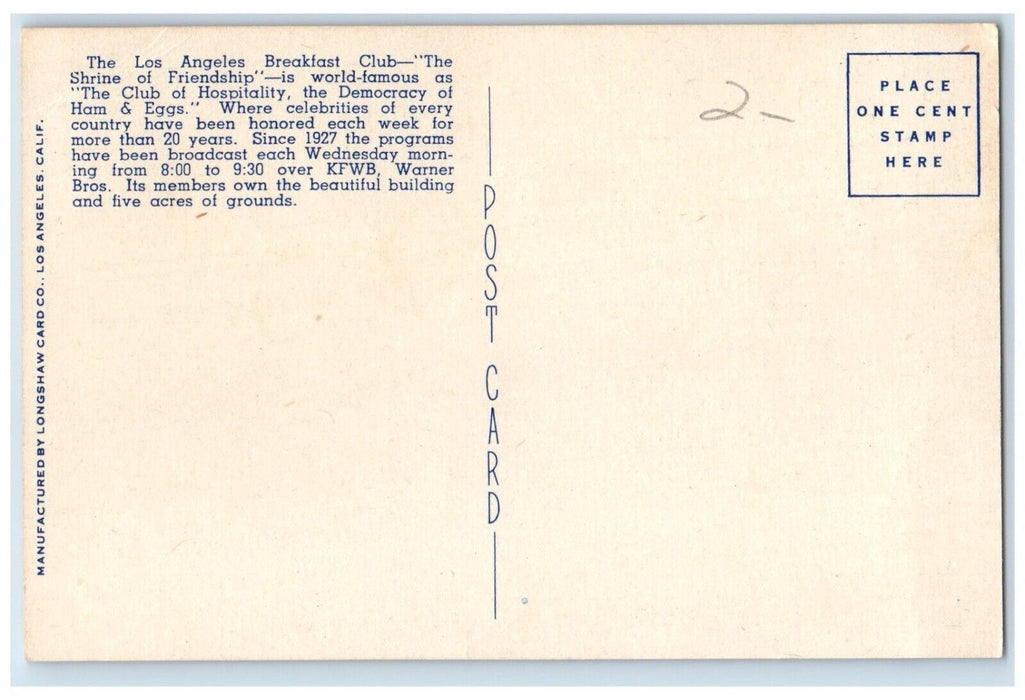 c1940 Los Angeles Breakfast Club Shrine Friendship Club Hospitality CA Postcard