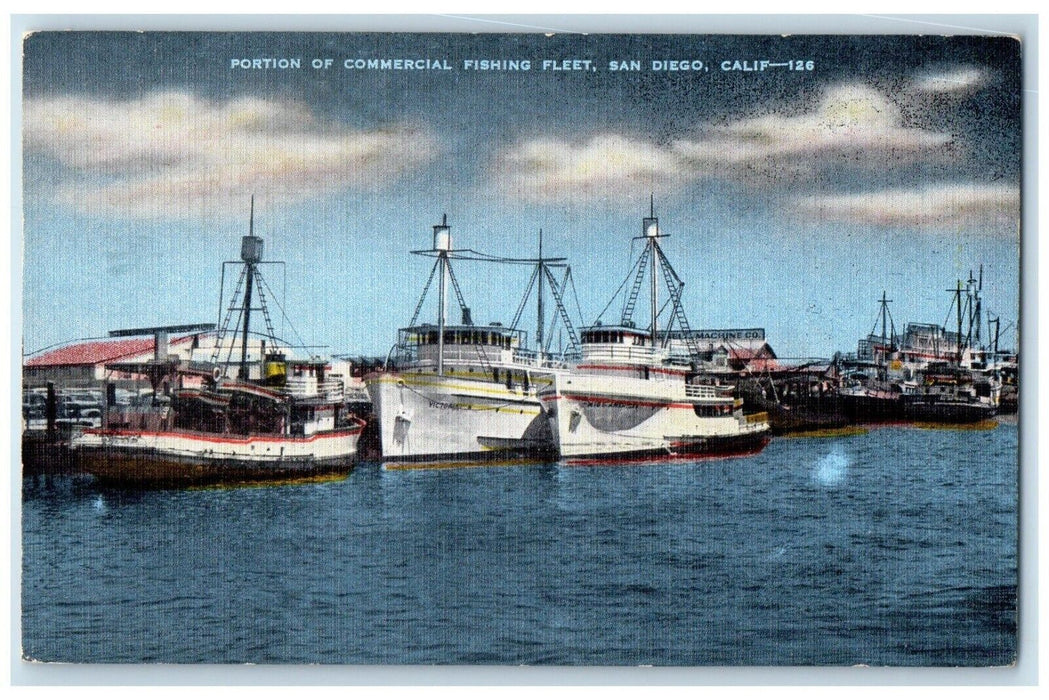 1951 Portion Commercial Fishing Fleet San Diego California CA Vintage Postcard