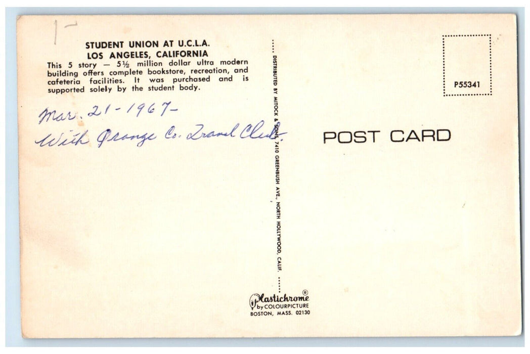 c1960 Student Union UCLA Exterior Facilities Los Angeles California CA Postcard