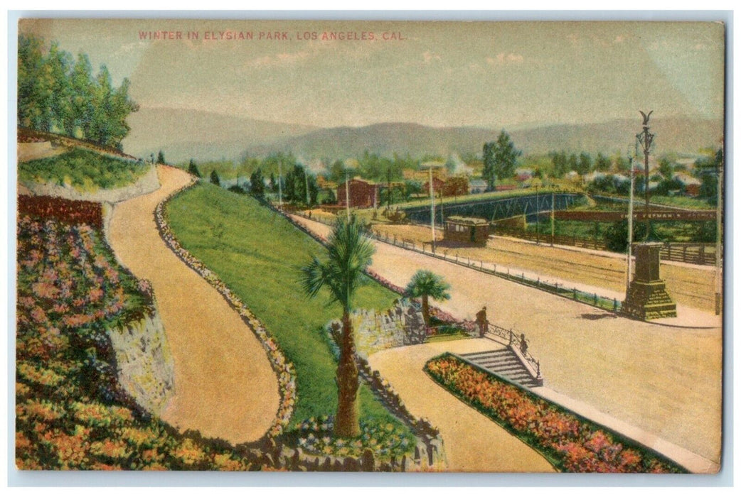 c1910 Winter Elysian Park Road Street Los Angeles California CA Vintage Postcard