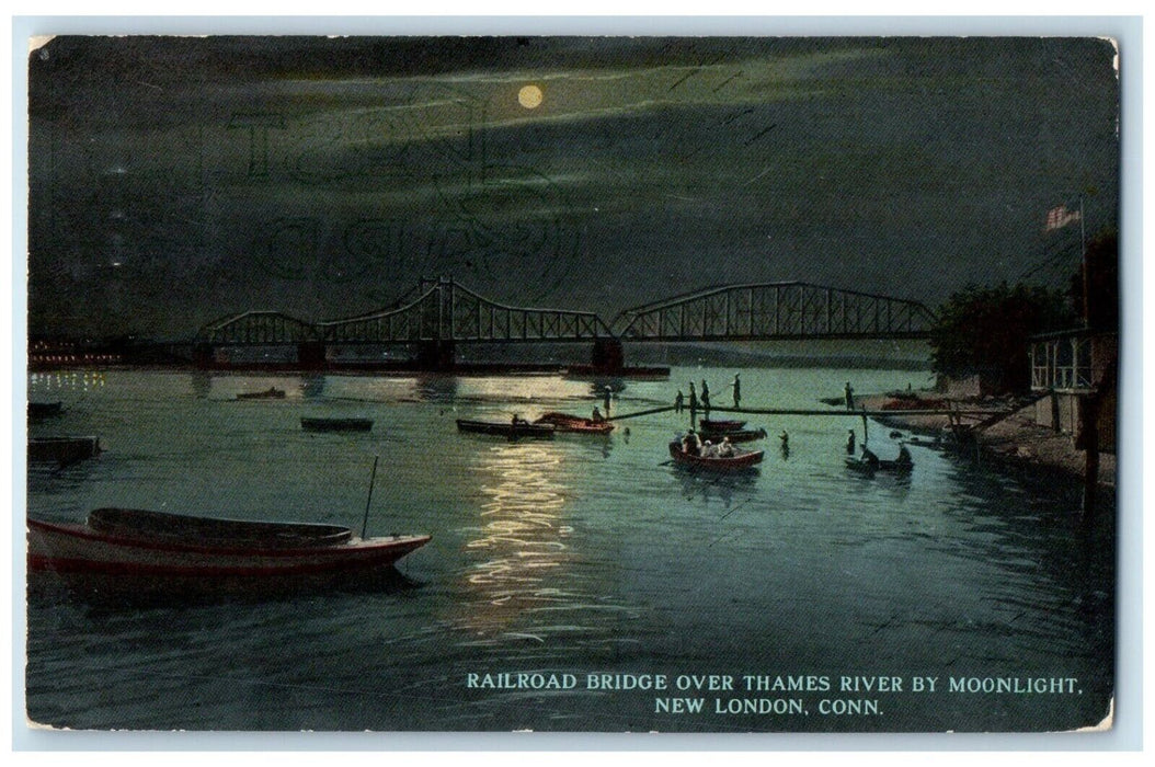 1913 Railroad Bridge Thames River Moonlight New London Connecticut CT Postcard