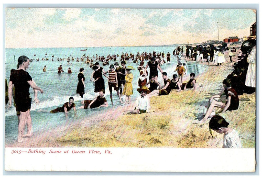 1905 Bathing Scene Crowing Swimming Ocean View Virginia Vintage Antique Postcard