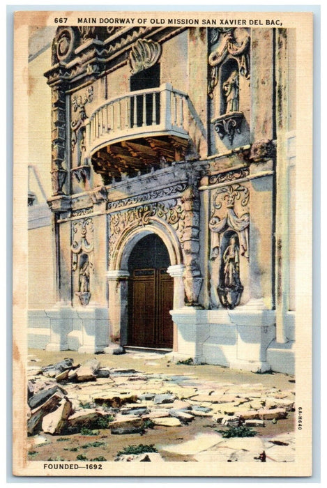 c1940 Main Doorway Old Mission San Xavier Del Bac Papago Arizona Linen Postcard