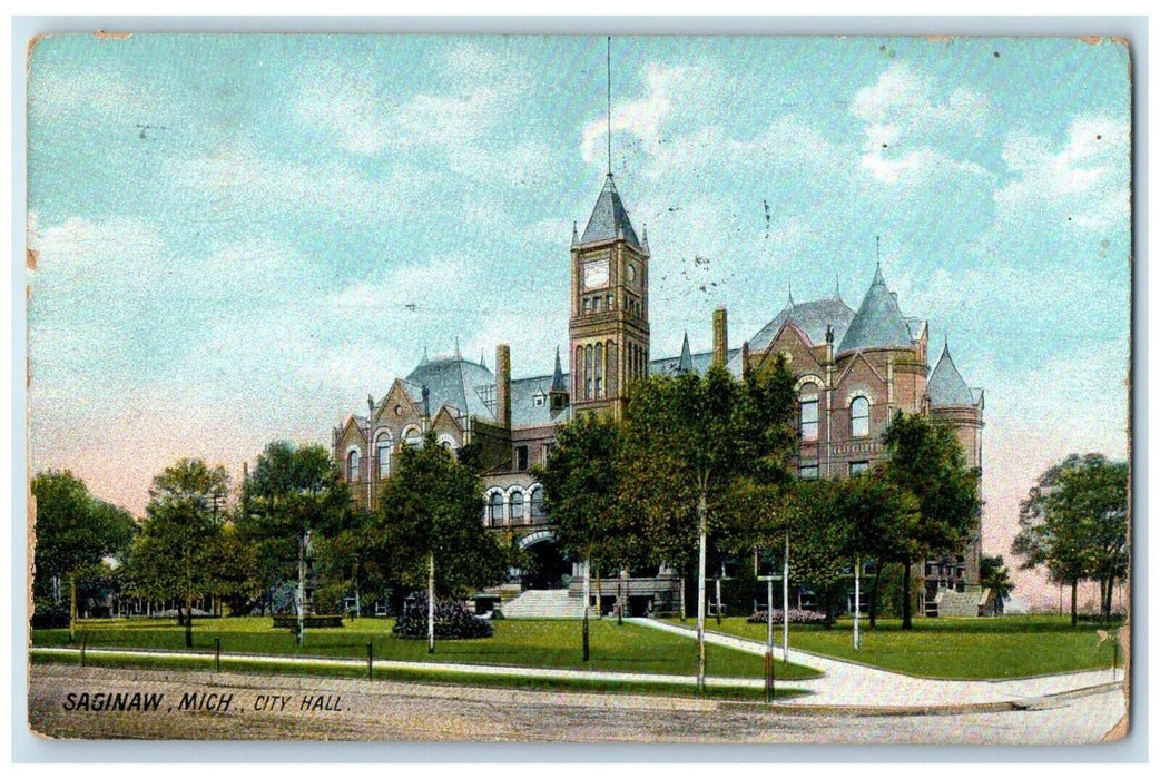1911 City Hall Exterior Building Road Saginaw Michigan Vintage Antique Postcard