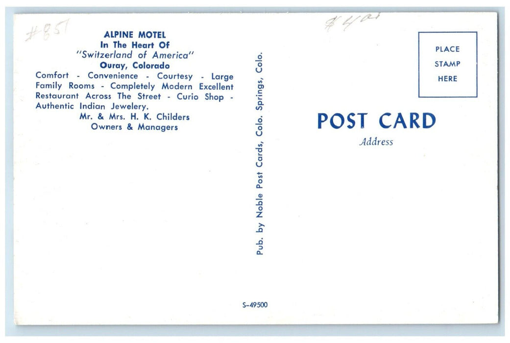 c1950's Alpine Motel Roadside Ouray Colorado CO Unposted Vintage Postcard