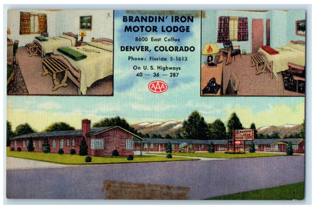 c1950's Brandin Iron Motor Lodge Denver Colorado CO Multiview Vintage Postcard