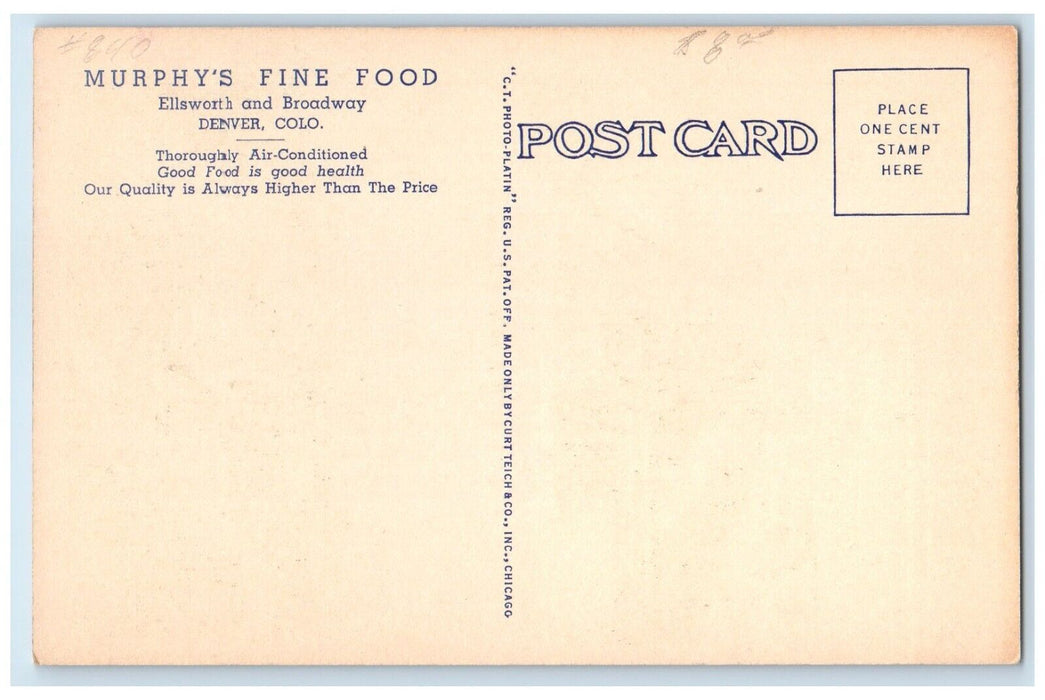 c1930's Murphy's Fine Food Dining Room Denver Colorado CO Dual View Postcard