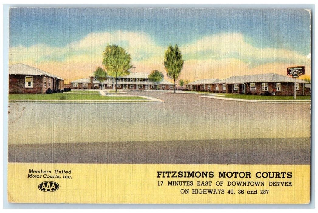 c1950's Fitzsimons Motor Courts Motel Roadside Denver Colorado CO Postcard
