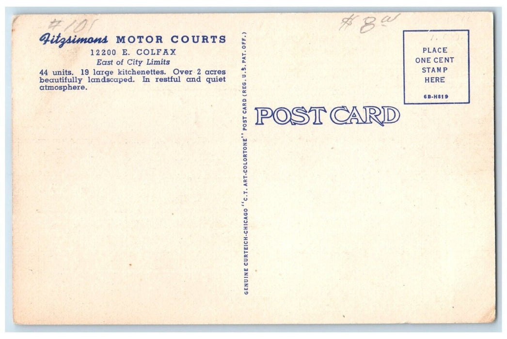 c1950's Fitzsimons Motor Courts Motel Roadside Denver Colorado CO Postcard