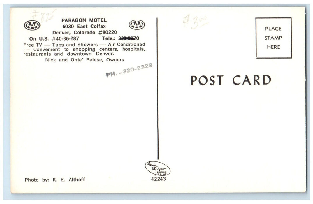 c1950's Paragon Motel Roadside Denver Colorado CO Unposted Vintage Postcard