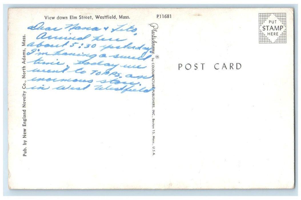 c1960 View Down Elm Street Exterior Building Westfield Massachusetts MA Postcard