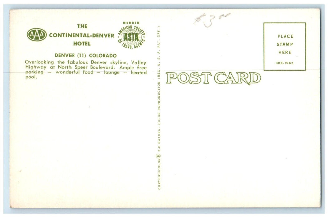c1950's The Continental Denver Hotel Denver Colorado CO Dual View Postcard