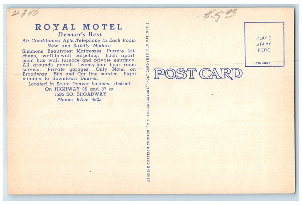 c1940's Royal Motel Roadside Denver Colorado CO Unposted Vintage Postcard