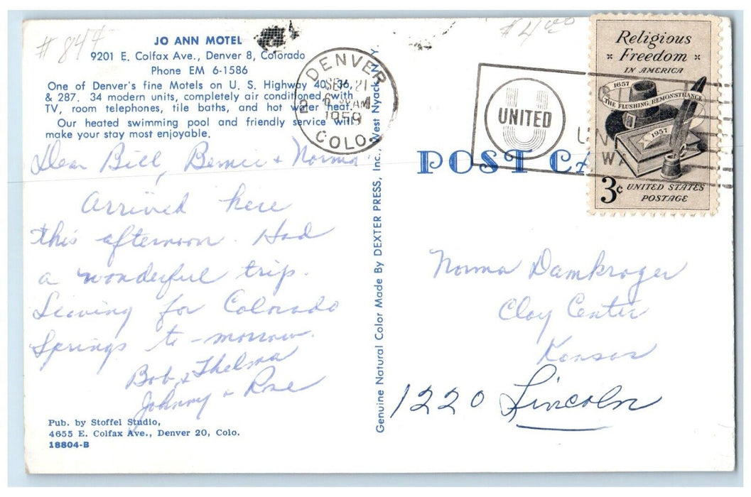 1959 Jo Ann Motel And Swimming Pool Cars Denver Colorado CO Vintage Postcard