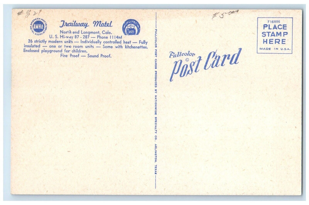 c1950's Trailway Motel Longmont Colorado CO Multiview Unposted Vintage Postcard