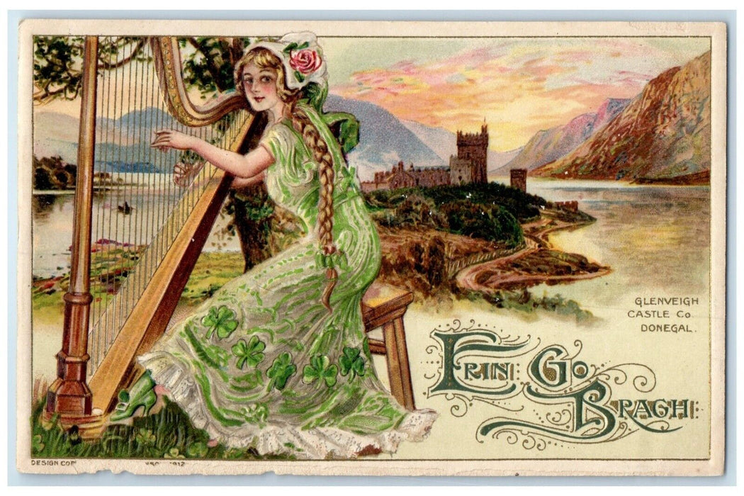 1913 St. Patrick's Day Pretty Woman Playing Harp John Winsch Embossed Postcard