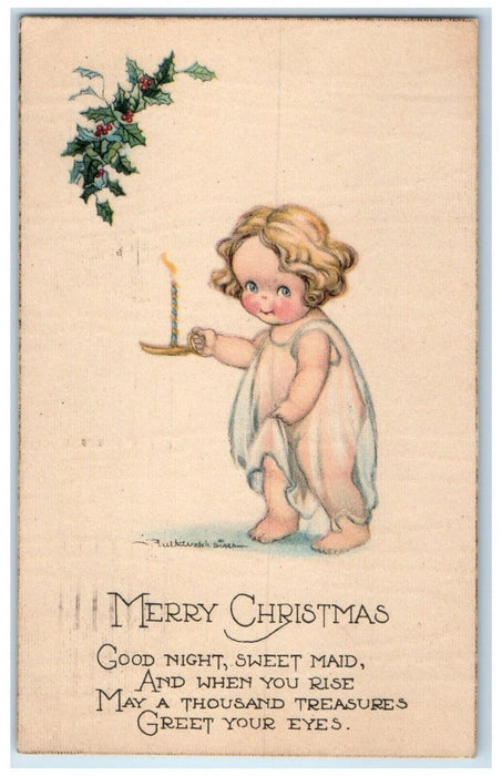 1920 Christmas Little Girl Candle Berries Art Welch Art Long Beach CA Postcard