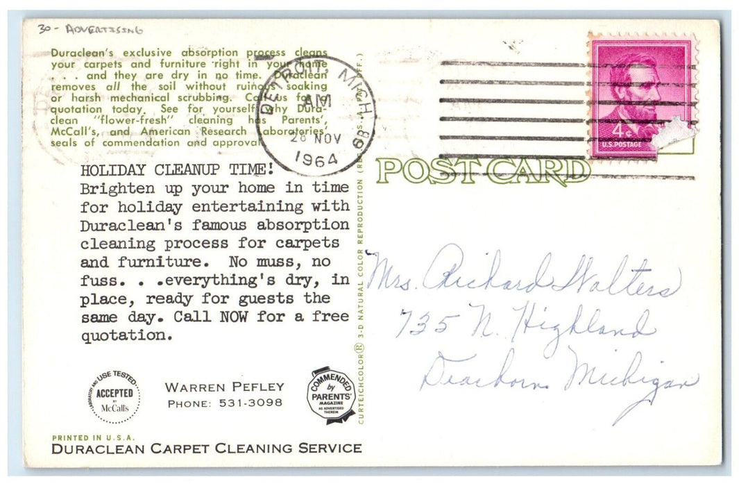 1964 Duraclean's Exclusive For Carpets Furniture Advertising Detroit MI Postcard