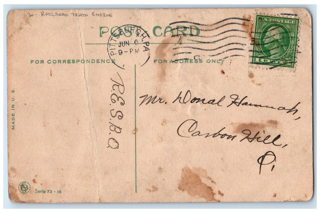 c1910's Railroad Train Engine Pittsburg Pennsylvania PA Posted Antique Postcard