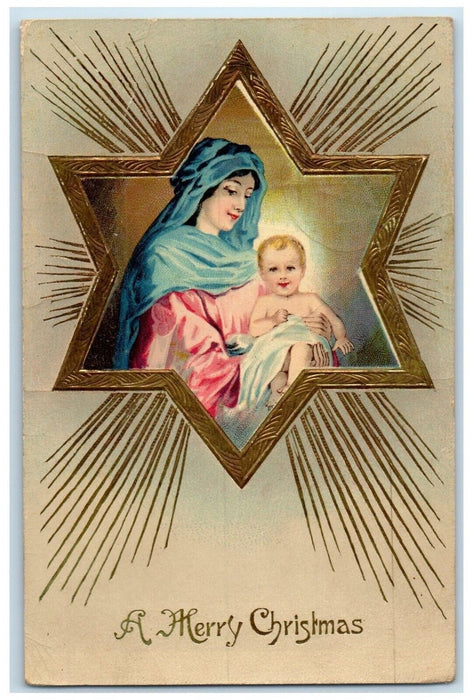 1910 Christmas Mary Religious Star Embossed Gel Gold Gilt Antique Postcard