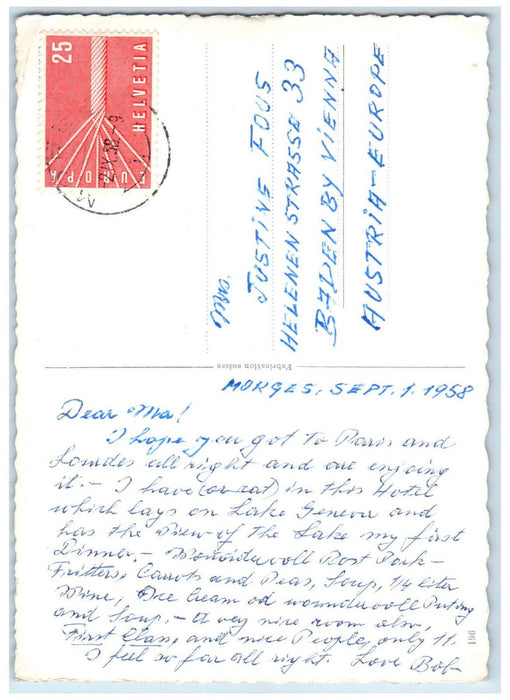 1958 Hotel Du Mont Blanc Morges Switzerland Flag Swan Boat RPPC Photo Postcard