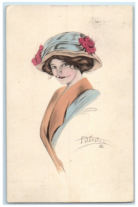 1913 Pretty Woman Hand Painted Floral Bonnet Enfield Hants Co. NS Postcard