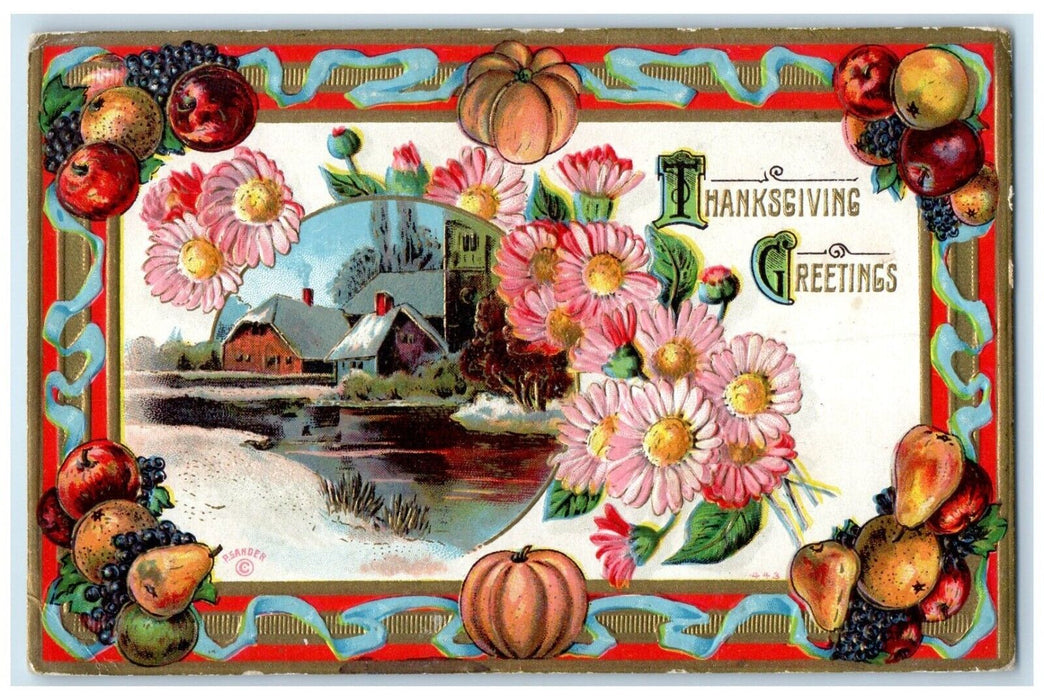 Thanksgiving Greetings Flowers And Fruits Embossed Enfield Hants Co. NS Postcard