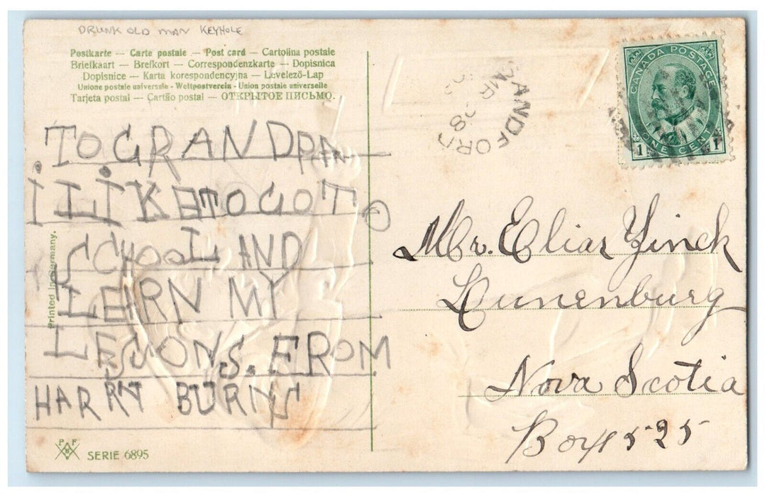 c1910's Drunk Old Man Keyhole Embossed Lunensburg NS Canada Antique Postcard