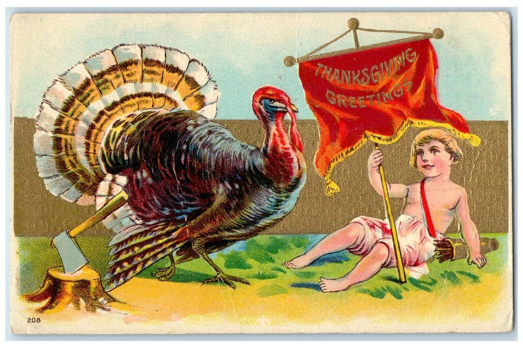 1916 Thanksgiving Greetings Flag Turkey Hatchet Embossed Dartsmouth NS Postcard