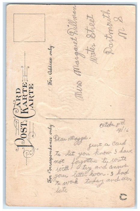 1916 Thanksgiving Greetings Flag Turkey Hatchet Embossed Dartsmouth NS Postcard