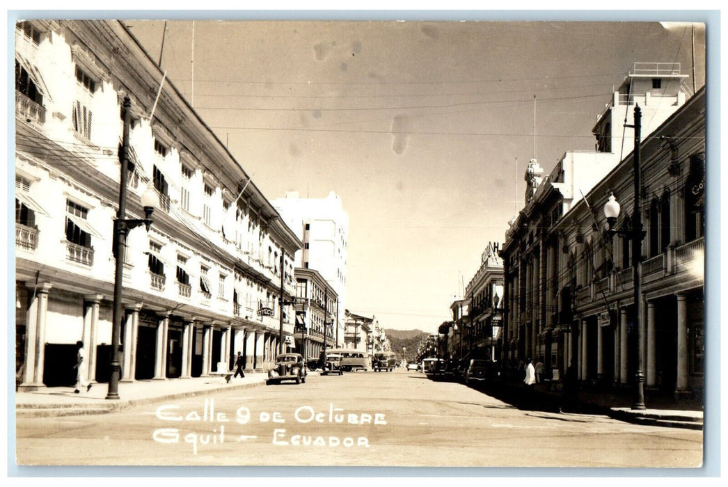 c1950's October 9 Street Scene Guayaquil Ecuador Trolley Car RPPC Photo Postcard