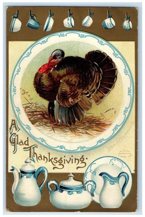 c1910's Thanksgiving Turkey Tea Cup Sugar Creek Ohio OH Embossed Posted Postcard