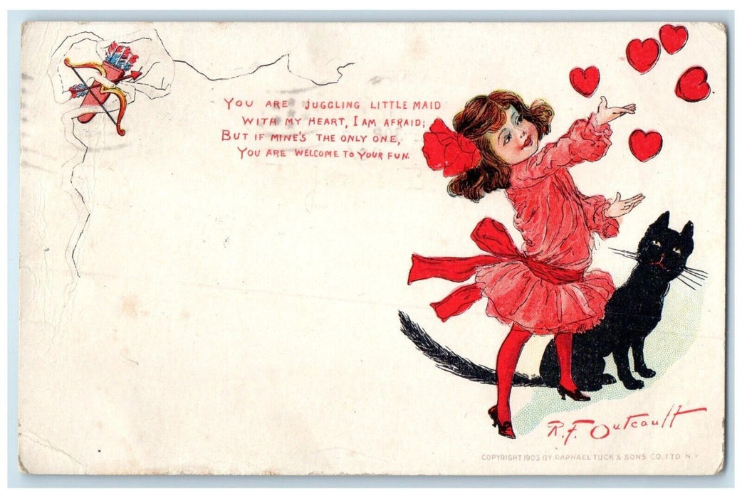 1906 Valentine Pretty Girl Hearts Black Cat Outcault Stockton CA Posted Postcard